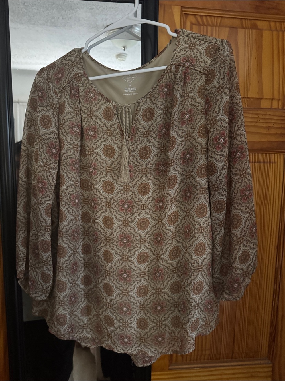 St. John's Bay Printed Peasant Blouse in Beige and Taupe with Tassel Tie